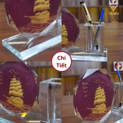 Chi tiết cúp pha lê để bàn kèm ống cắm bút thuận buồm xuôi gió