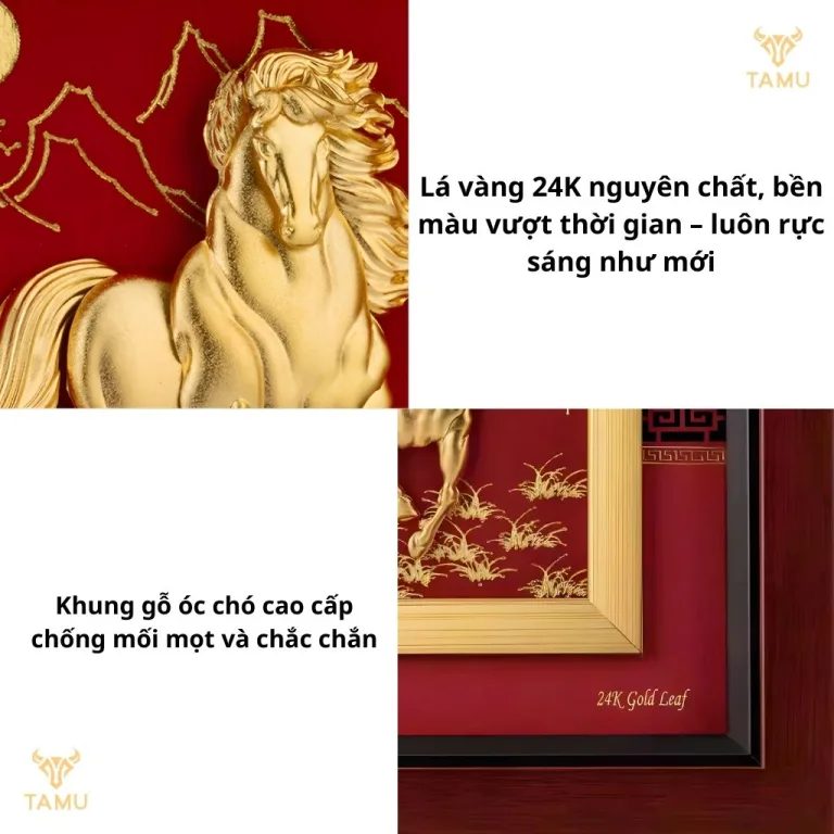 Chi tiết về sản phẩm Tranh Ngựa Nền Đỏ Dát Vàng 24K Mã Đáo Thành Công từ TAMU - Quà Tặng Pha Lê