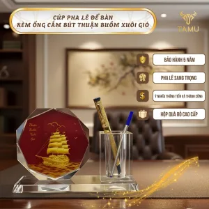Cúp pha lê để bàn kèm ống cắm bút thuận buồm xuôi gió