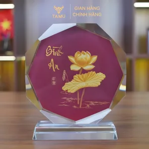 Cúp pha lê in uv 3D hình hoa sen bình an hình 3D