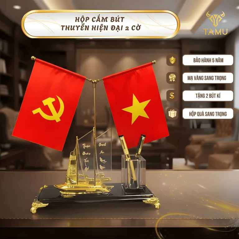 Hộp Cắm Bút Doanh Nhân Thuyền Hiện Đại 2 Cờ từ TAMU - Quà Tặng Pha Lê