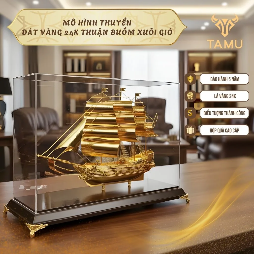Mô Hình Thuyền Dát Vàng 24K Thuận Buồm Xuôi Gió