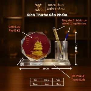 Thông số cúp pha lê để bàn kèm ống cắm bút thuận buồm xuôi gió