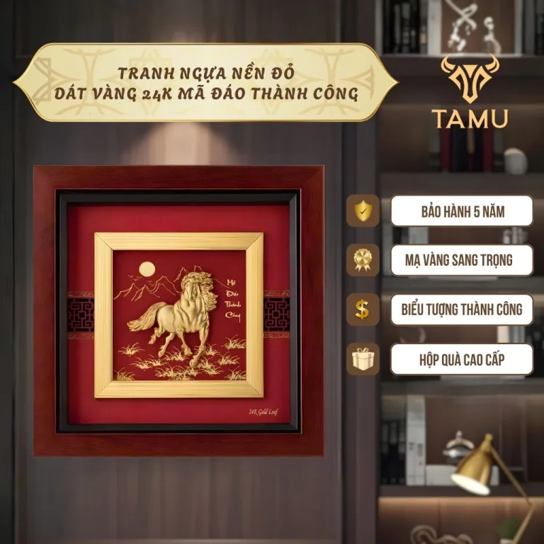 Tranh Ngựa Nền Đỏ Dát Vàng 24K Mã Đáo Thành Công từ TAMU - Quà Tặng Pha Lê