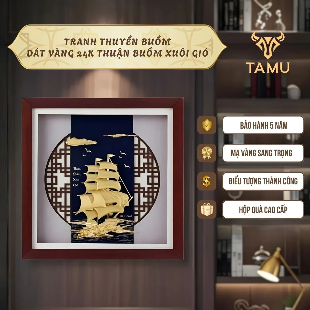 Tranh thuyền buồm dát vàng 24k thuận buồm xuôi gió