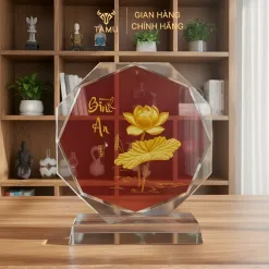 Cúp Pha Lê Để Bàn TAMU Hoa Sen Bình An In UV Cao Cấp 3D Trang Trí Bàn Làm Việc, Quà Lưu Niệm