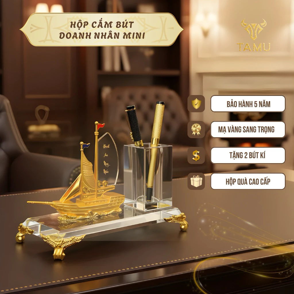 Hộp Đựng Bút Pha Lê TAMU. Bình An May Mắn. Chất Liệu Đồng Mạ Vàng Và Pha Lê K9 Cao Cấp, Quà Lưu Niệm