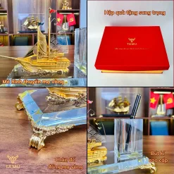 Hộp Đựng Bút Pha Lê TAMU. Bình An May Mắn. Chất Liệu Đồng Mạ Vàng Và Pha Lê K9 Cao Cấp, Quà Lưu Niệm