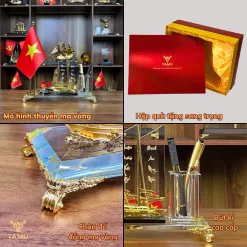 Hộp Đựng Bút Pha Lê TAMU Du Thuyền Hiện Đại 1 Cờ, Chất Liệu Đồng Mạ Vàng Và Pha Lê K9 Cao Cấp, Quà Lưu Niệm