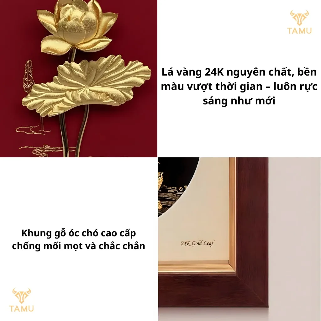 Chi tiết tranh hoa sen dát vàng 24K bình an may mắn