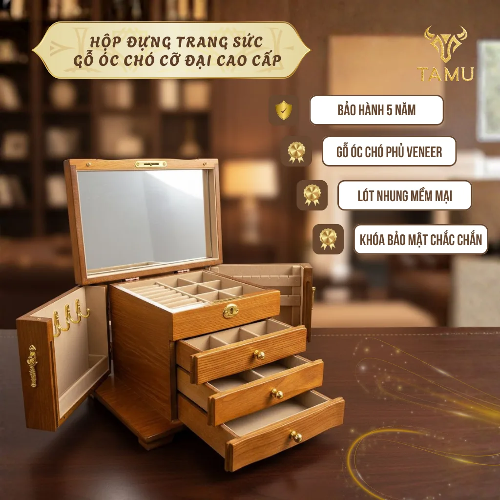 Hộp đựng trang sức gỗ óc chó cỡ đại cao cấp