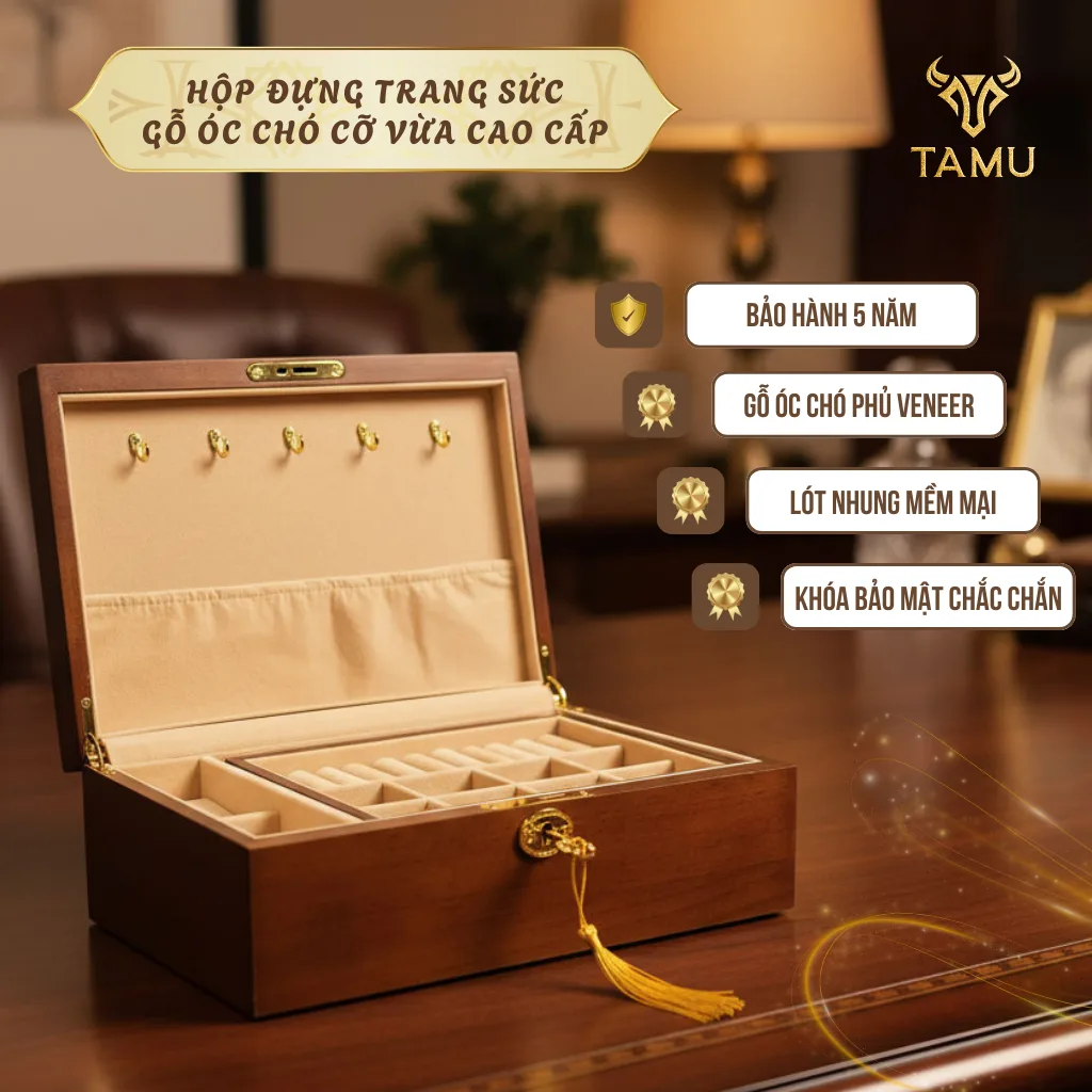 Hộp đựng trang sức gỗ óc chó cỡ vừa cao cấp