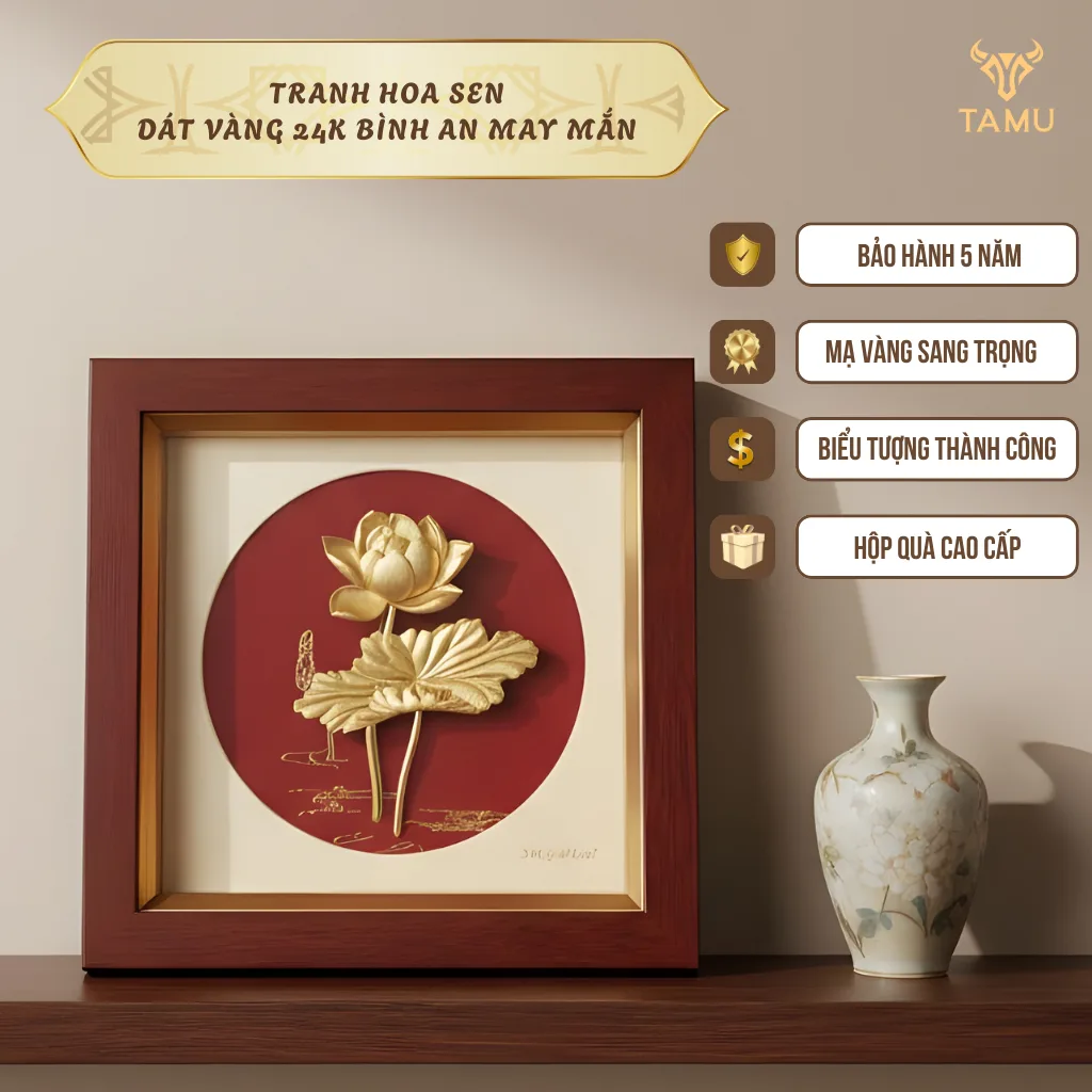 Tranh hoa sen dát vàng 24K bình an may mắn hình ảnh 2