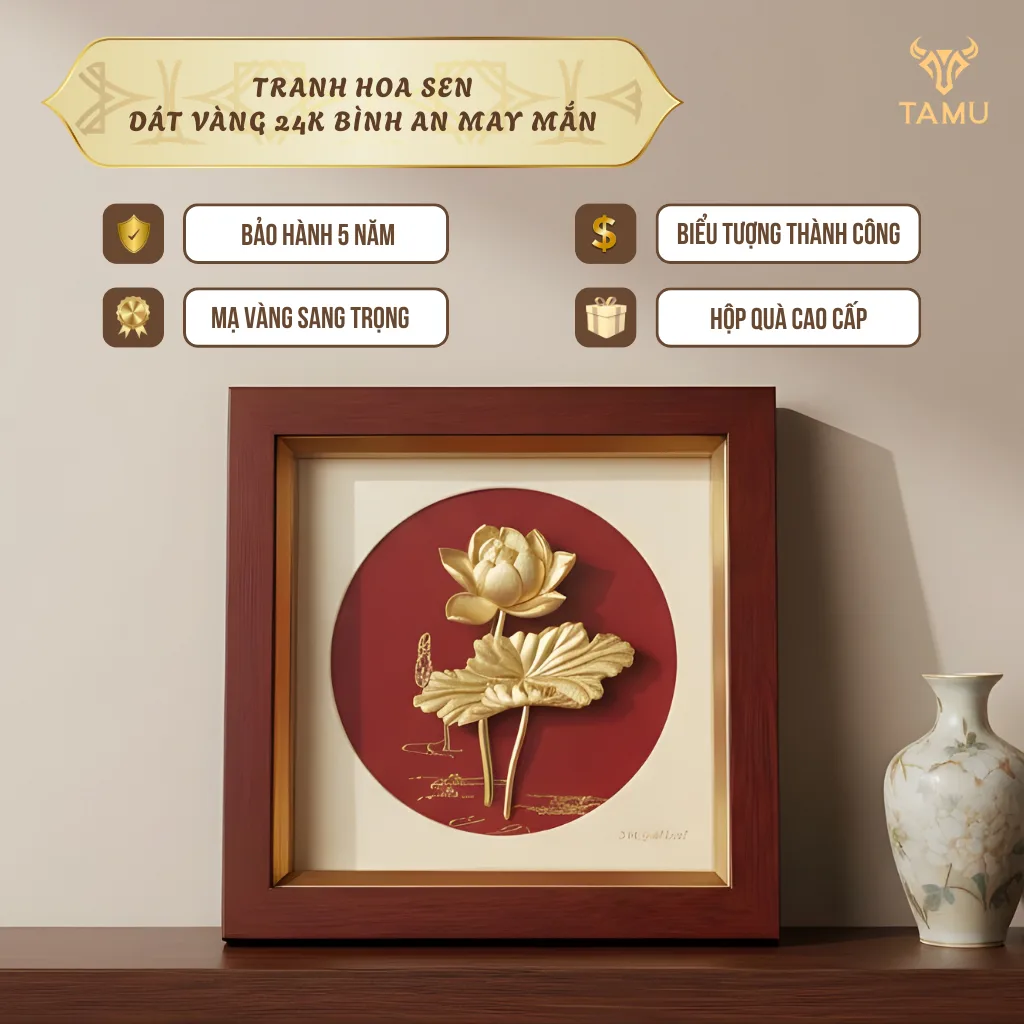 Tranh hoa sen dát vàng 24K bình an may mắn hình ảnh 3