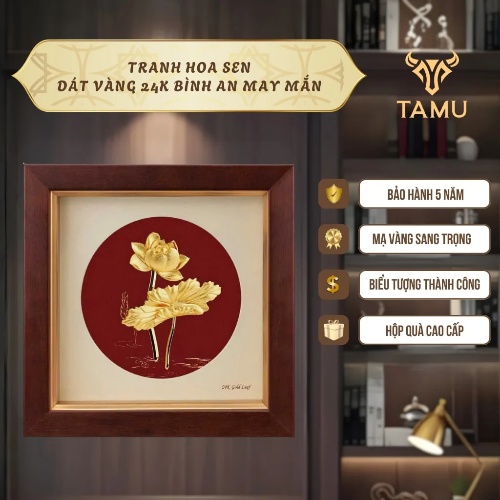 Tranh hoa sen dát vàng 24K bình an may mắn