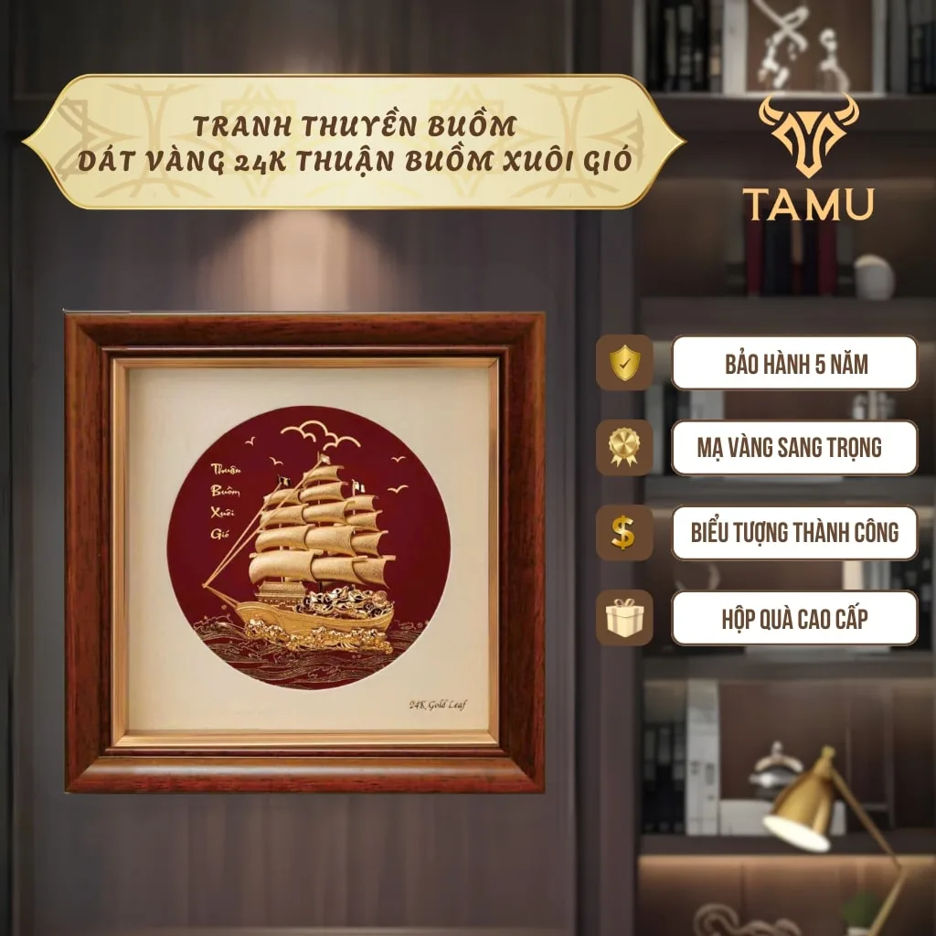 Tranh thuyền buồm dát vàng 24k thuận buồm xuôi gió